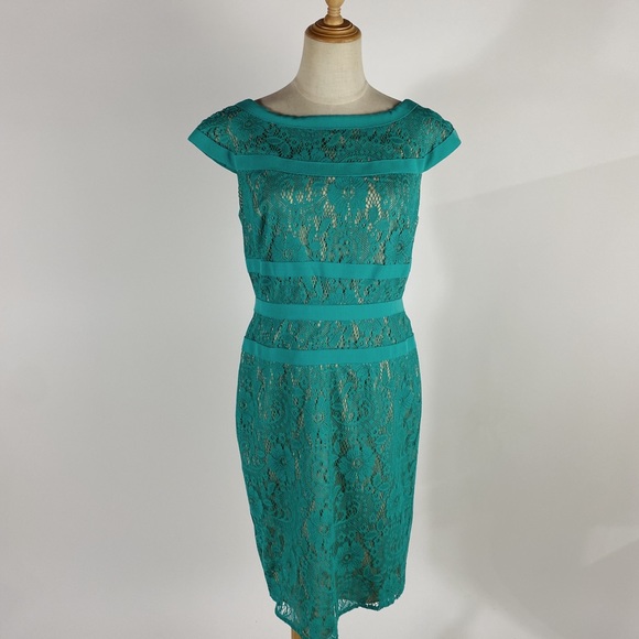 ADRIANNA PAPELL Kelly Green Lace Cap Sleeve Cocktail Sheath Dress US Womens 10 - Picture 2 of 9